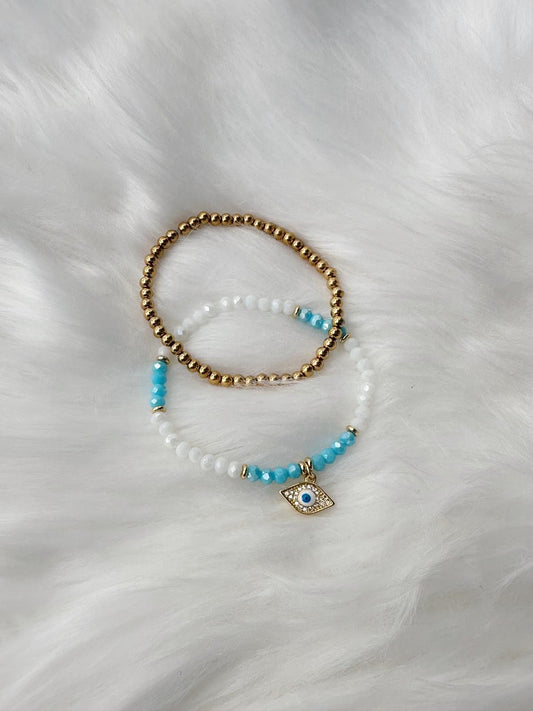 Evil Eye Sparkle Double Bracelet- White and Baby Blue